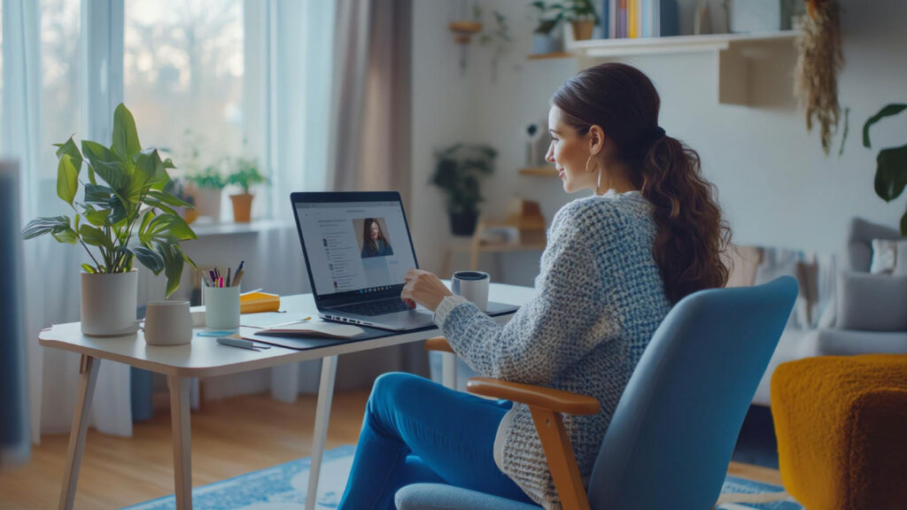 Mujer en una sesión psicológica en línea desde la comodidad de su hogar.