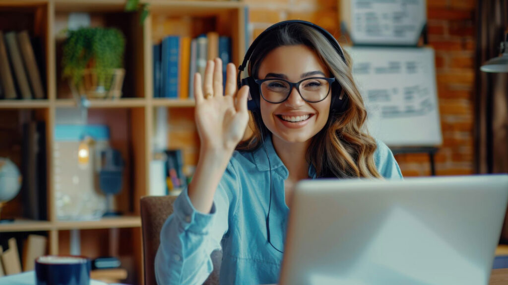 Mujer sonriente usa diademas mientras saluda con su mano frente a un computador portátil.