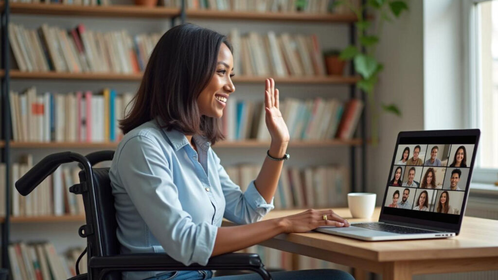Mujer en silla de ruedas durante una clase virtual en la cual sonríe y saluda a otras personas a través de la pantalla.