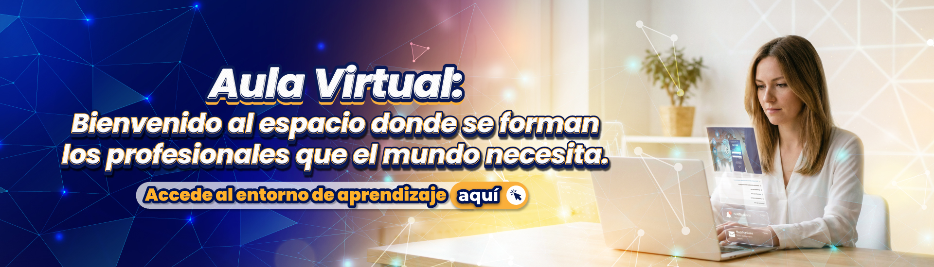 banner-aula_virtual Banner de acceso al aula virtual de la UCN. Allí hay una mujer al frente de un computador portátil.
