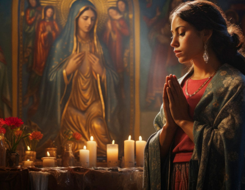 Mujer devota de la virgen hora al frente de su imagen iluminada por veladoras.