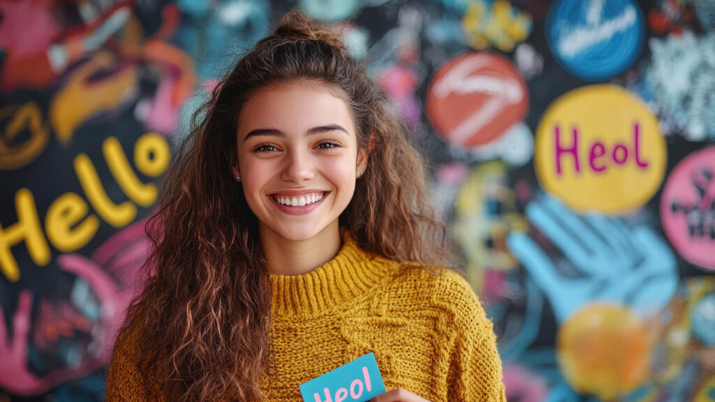 Joven sonriente usa un buso amarillo al interior de un ambiente de aprendizaje de idiomas.