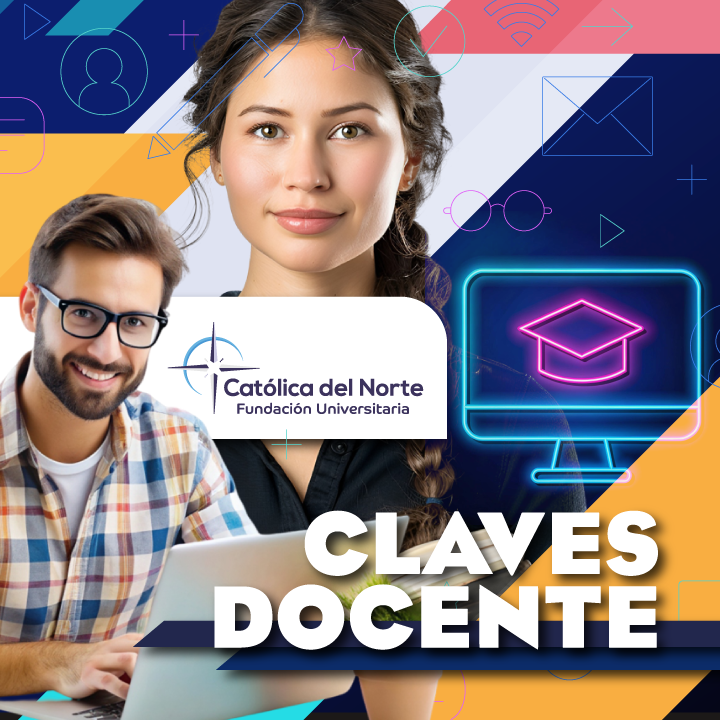 Podcast Claves docentes donde se ve una imagen con dos personas y un ícono de una pantalla de computador con un virrete en su interior.