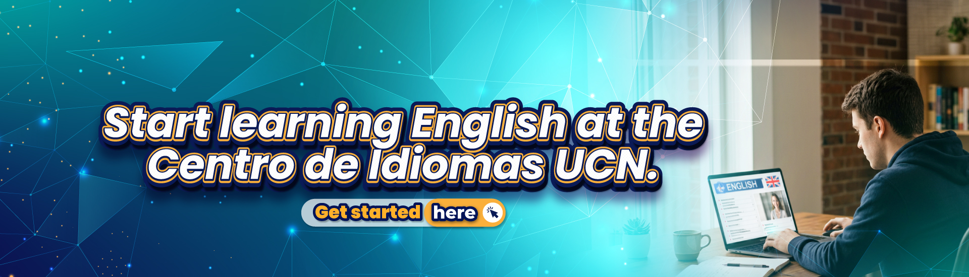 banner-centro-de-idiomas Banner Centro de Idiomas. Joven estudiando inglés en su laptop dentro de un ambiente moderno, acompañado de un fondo digital azul