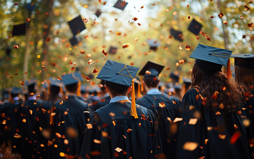 Grupo de estudiantes con toga y virrete se ubican de espaldas a la cámara mientas a su alrededor vuelan virretes.