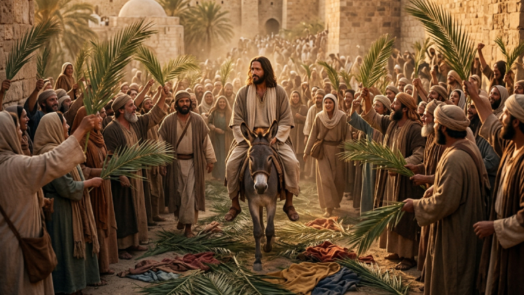 Jesús entrando montando un burro con personas agitando ramas