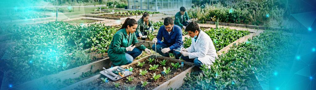 Banner escuela agro y ambiental - estudiantes trabajando en un entorno natural, observando retoños y elementos relacionados con la gestión sostenible de recursos.