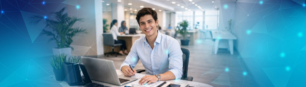 Banner escuela empresarial - joven en un entorno empresarial trabajando frente a un computador mientras organiza documentos.