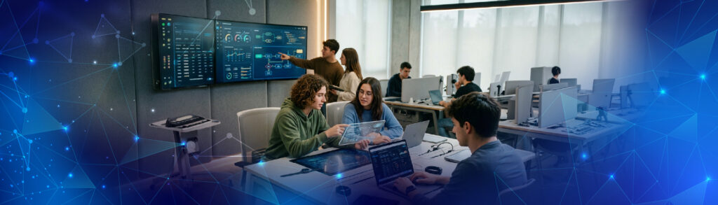 Banner escuela de formación inmersiva - jóvenes trabajando en un ambiente de formación inmersiva, colaborando frente a laptops y pantallas digitales.