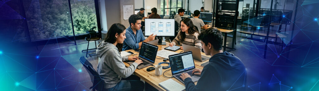 Banner de la escuela de gestión tecnológica - grupo de jóvenes trabajando juntos en el diseño de una interfaz y el desarrollo de una aplicación en un entorno tecnológico.