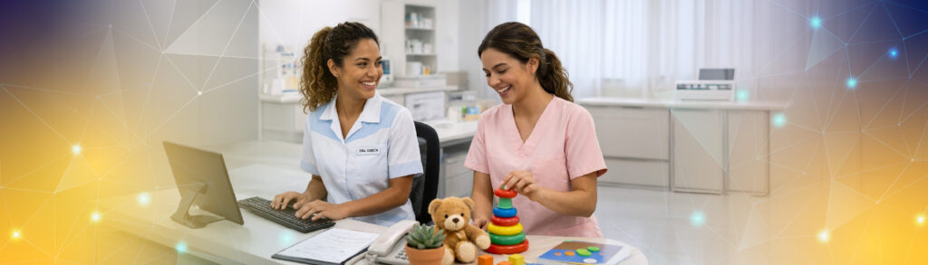 Banner de la Escuela de la Salud con dos mujeres jóvenes en un entorno administrativo; una atiende desde un computador y la otra interactúa con juguetes en el mismo espacio.