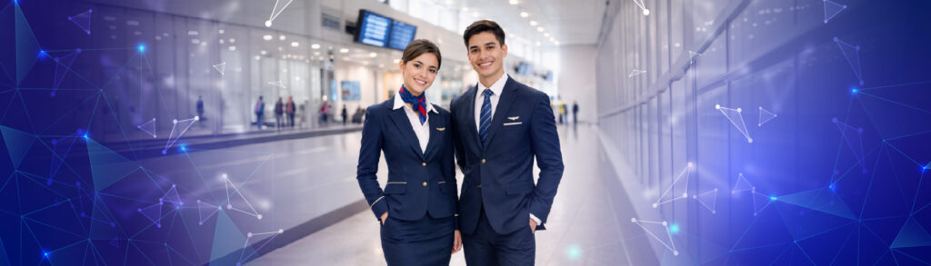 Banner escuela de servicios aeroportuarios - jóvenes en uniforme de aerolínea posando en un entorno aeroportuario moderno