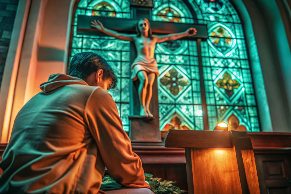 Hombre al interior de una iglesia católica ora en frente de un cristo a contra luz en una vitral de tonos verdosos.