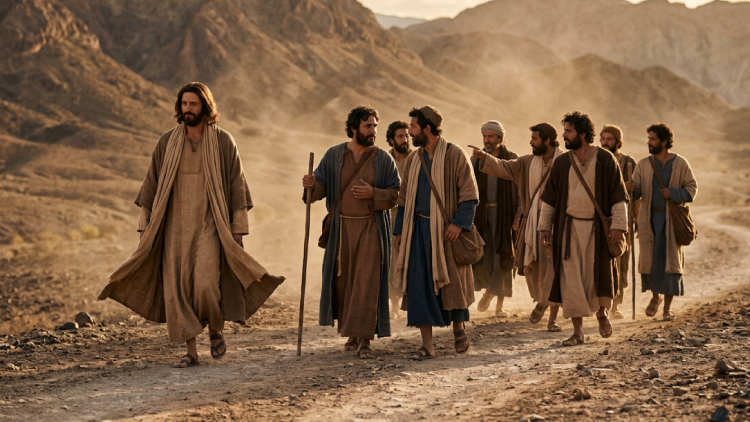 Jesús caminando en el desierto acompañado de los discipulos