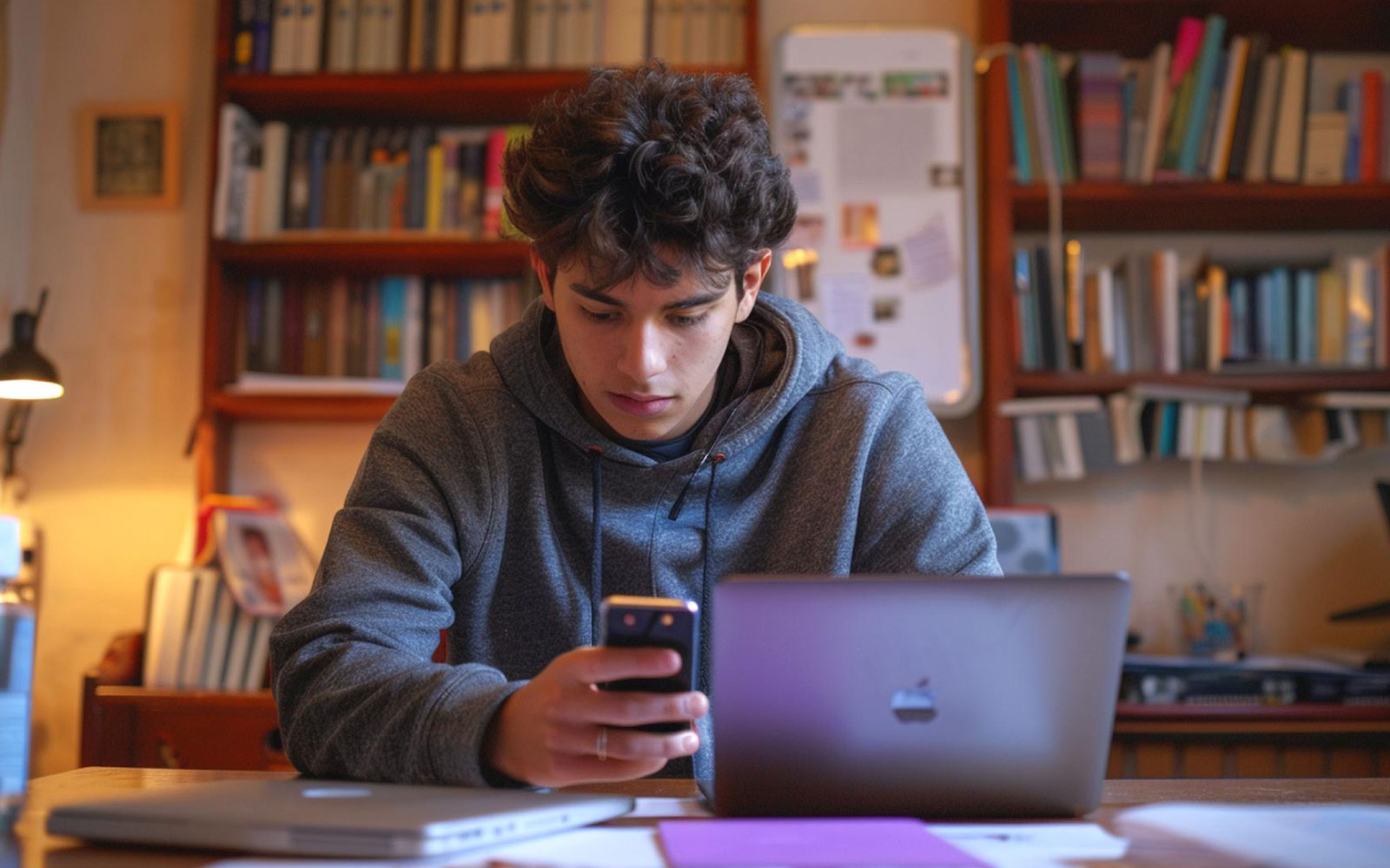 Joven desde su casa está sentado al frente de un computador portatil mientras sostiene un teléfono celular con su mano derecha.