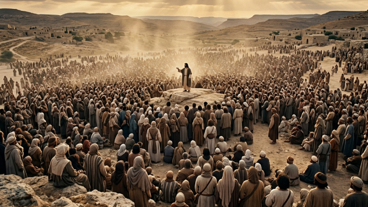 Jesús predicando en el desierto sobre una roca, rodeado de personas