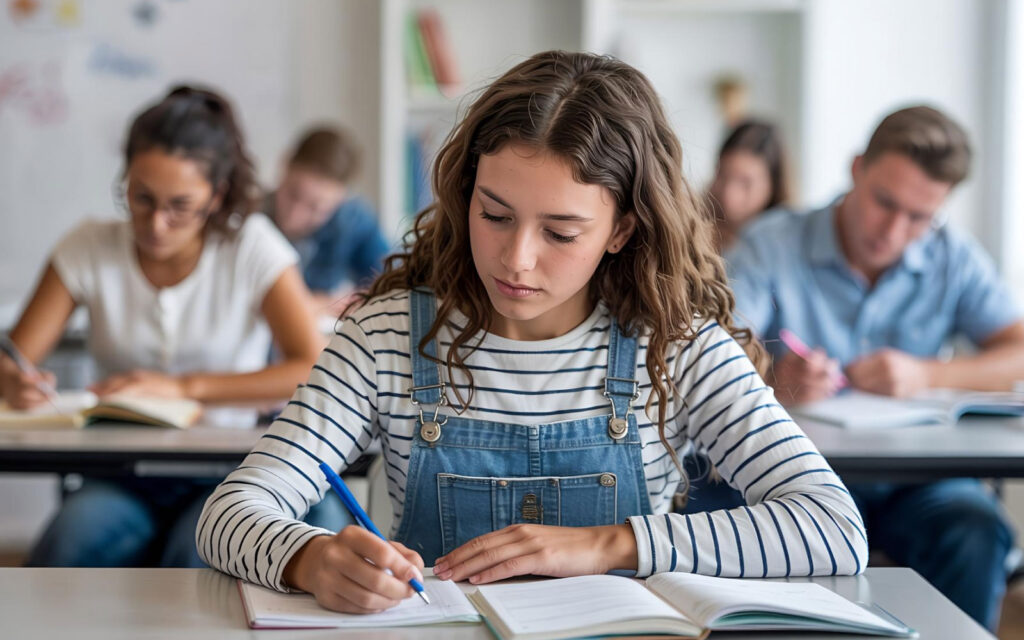 Grupo de jóvenes en un aula de clases presentando una prueba estandarizada.