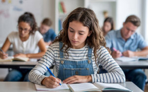 Grupo de jóvenes en un aula de clases presentando una prueba estandarizada.