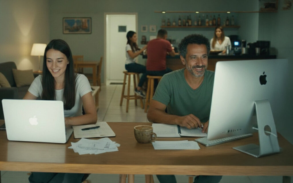 Padre e hija sentados frente a computador trabajando