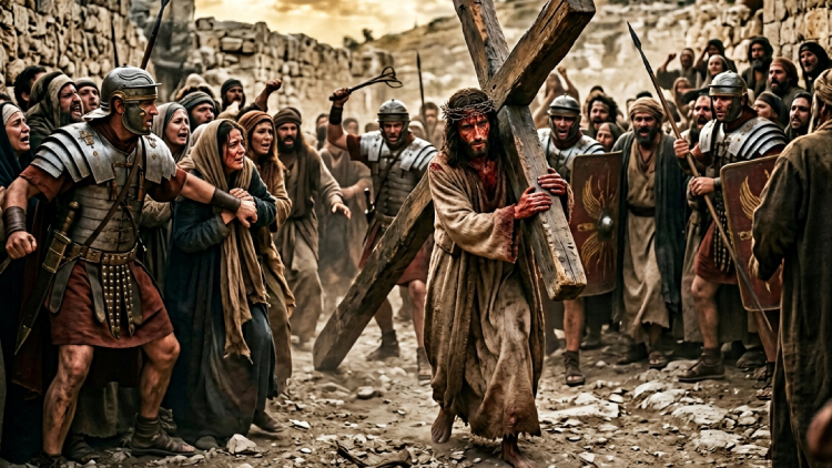 Jesús camina con la cruz mientras es azotado por soldado romano