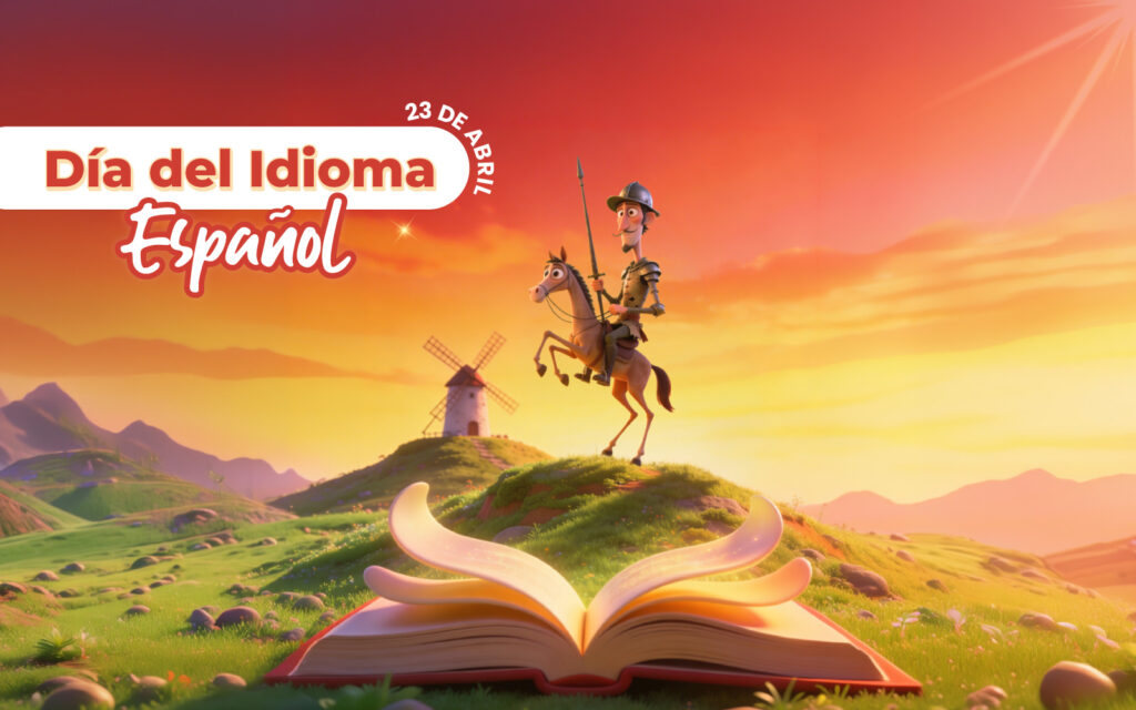 Ilustración del Día del Idioma Español. Muestra a Don Quijote sobre un libro abierto