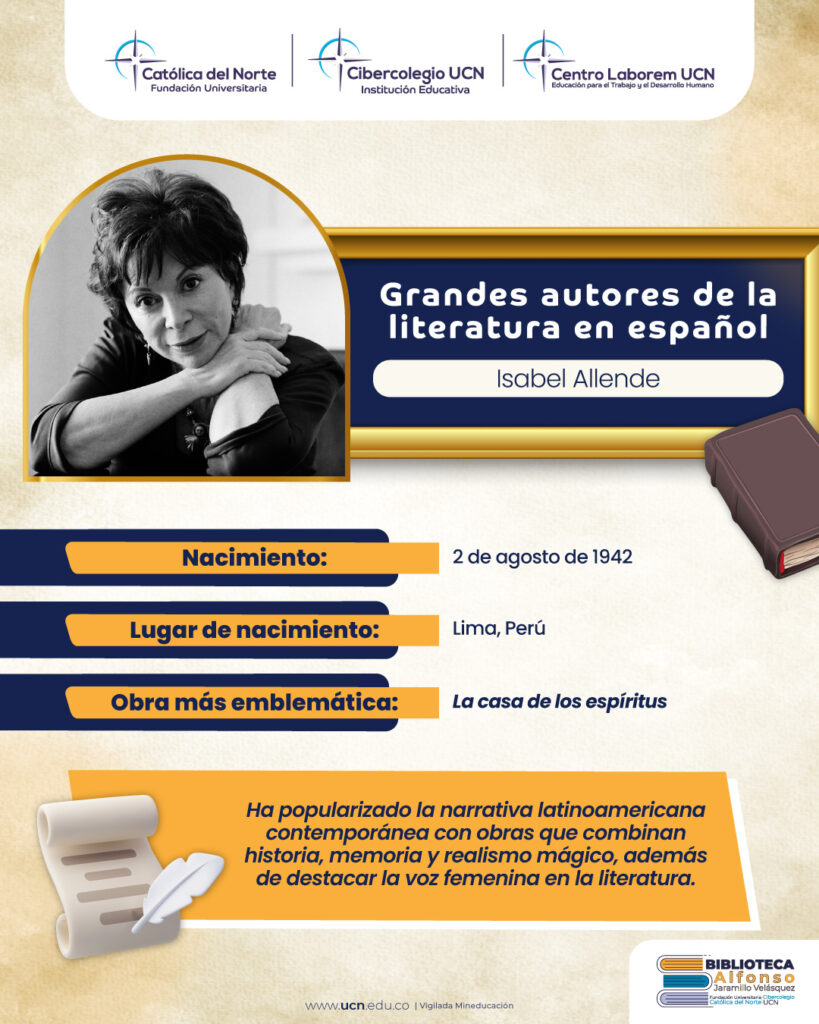 Ficha biográfica de Isabel Allende. Incluye su retrato, fecha y lugar de nacimiento.
