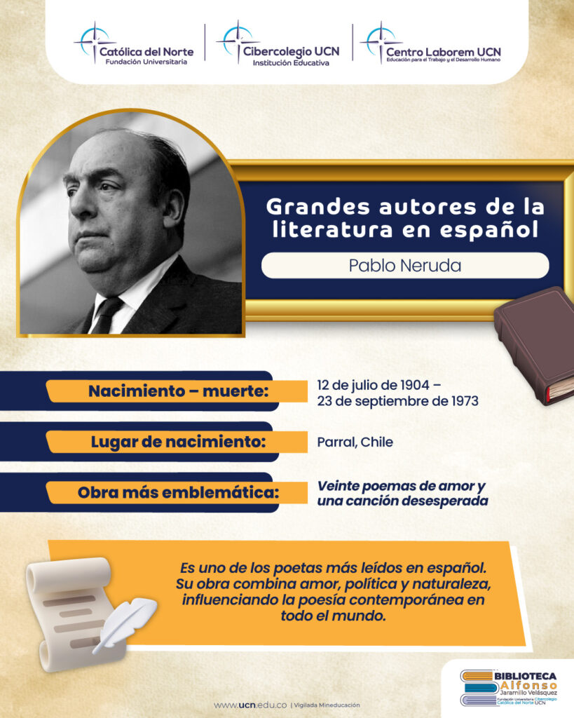 Ficha biográfica de Pablo Neruda. Incluye su retrato, fecha y lugar de nacimiento.