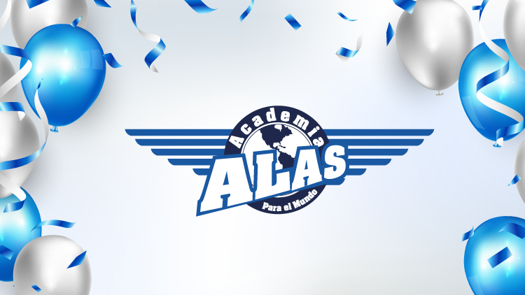 Fondo festivo con globos azules y plateados en los bordes, acompañados de serpentinas, destacando al centro el logo de la Academia Alas.