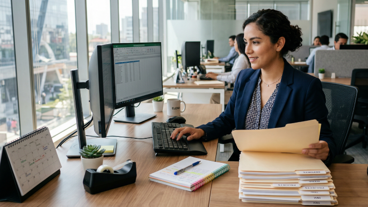 Auxiliar administrativa trabajando, organizando documentos y actualizando información en el computador.