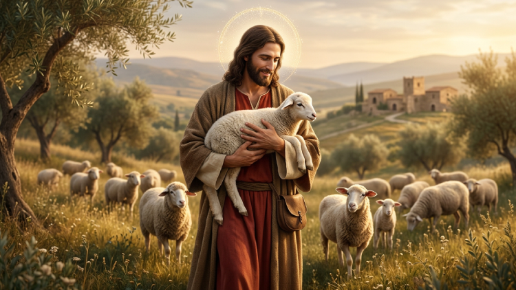 UCN 97 Fundación Universitaria Católica del Norte Jesús representado como el Buen Pastor, de pie en un campo iluminado por la luz dorada, cargando un cordero en los brazos mientras un rebaño de ovejas lo rodea en un paisaje rural tranquilo.