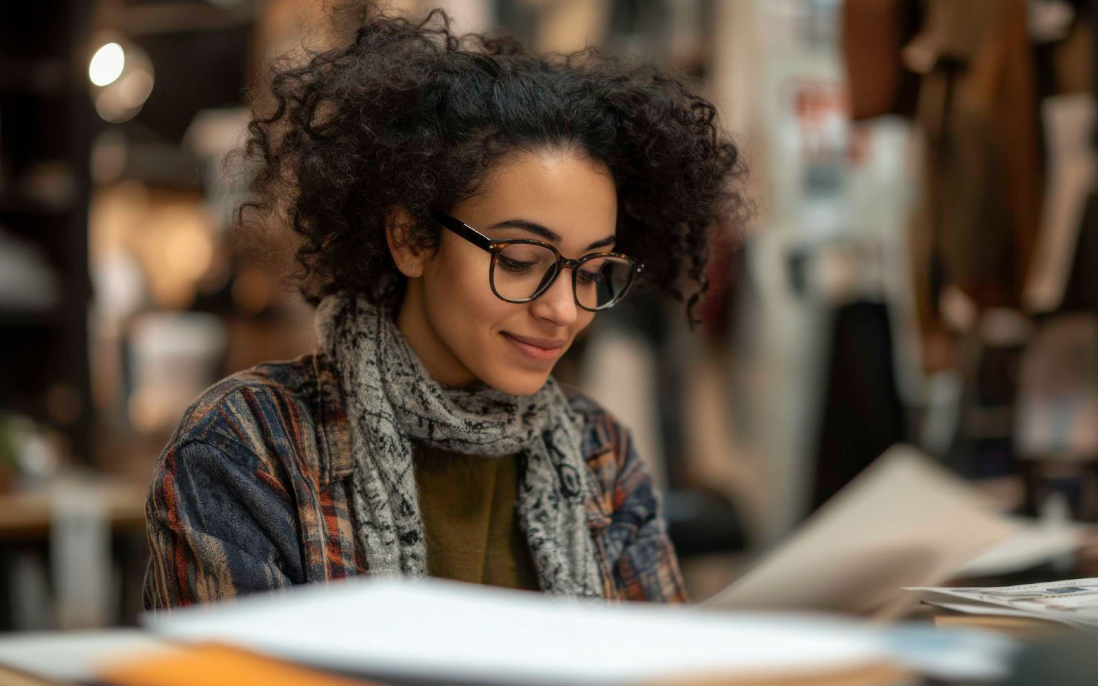 Mujer con perfil académico en una biblioteca.