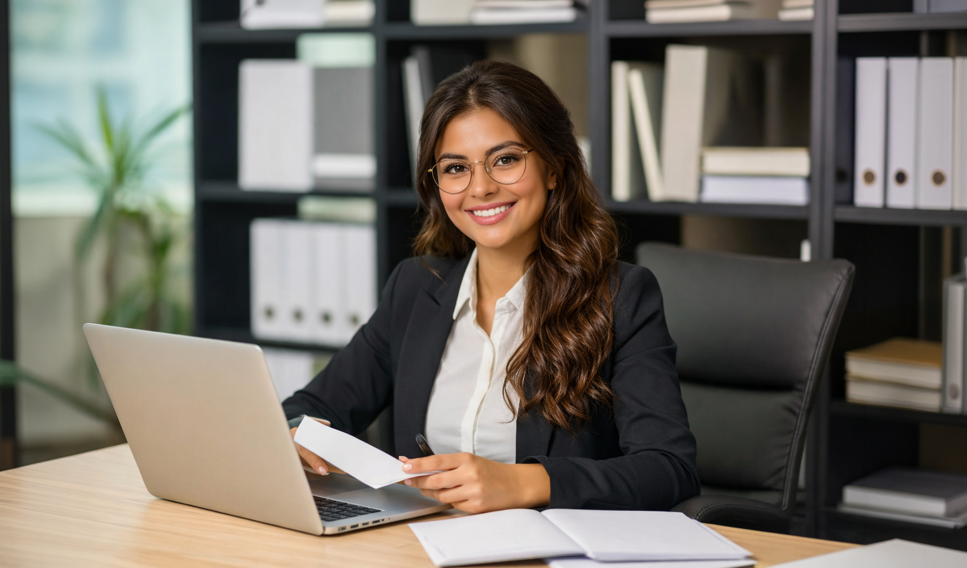 Secretaria joven trabajando en oficina frente a un computador portátil