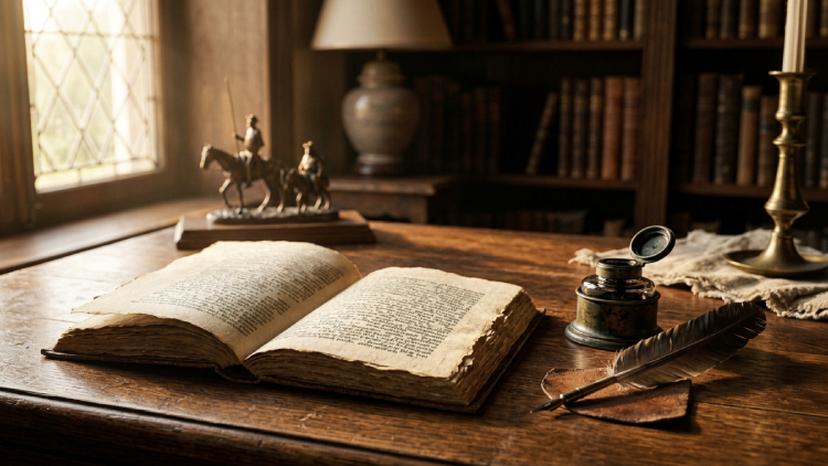 Mesa de madera antigua con un libro abierto, una pluma de escribir, un tintero y una vela, junto a una ventana que deja entrar luz cálida en una biblioteca clásica con estanterías llenas de libros.