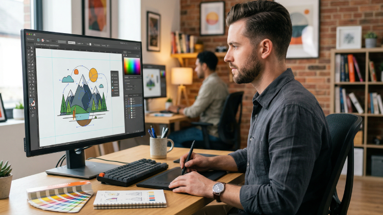 Diseñador gráfico trabajando concentrado frente a un computador de escritorio, creando una ilustración vectorial