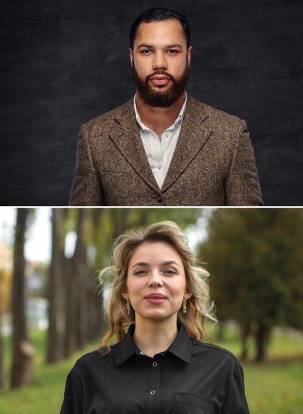 Fotografías de medio cuerpo de un hombre y una mujer, ambos con trajes formales.