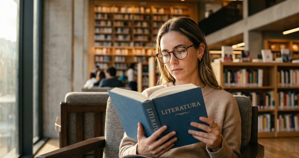 Mujer leyendo libro en una biblioteca