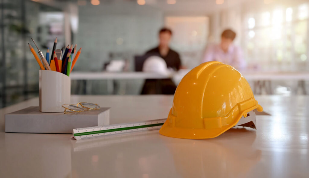 Casco de seguridad sobre escritorio en oficina representando seguridad y salud en el trabajo