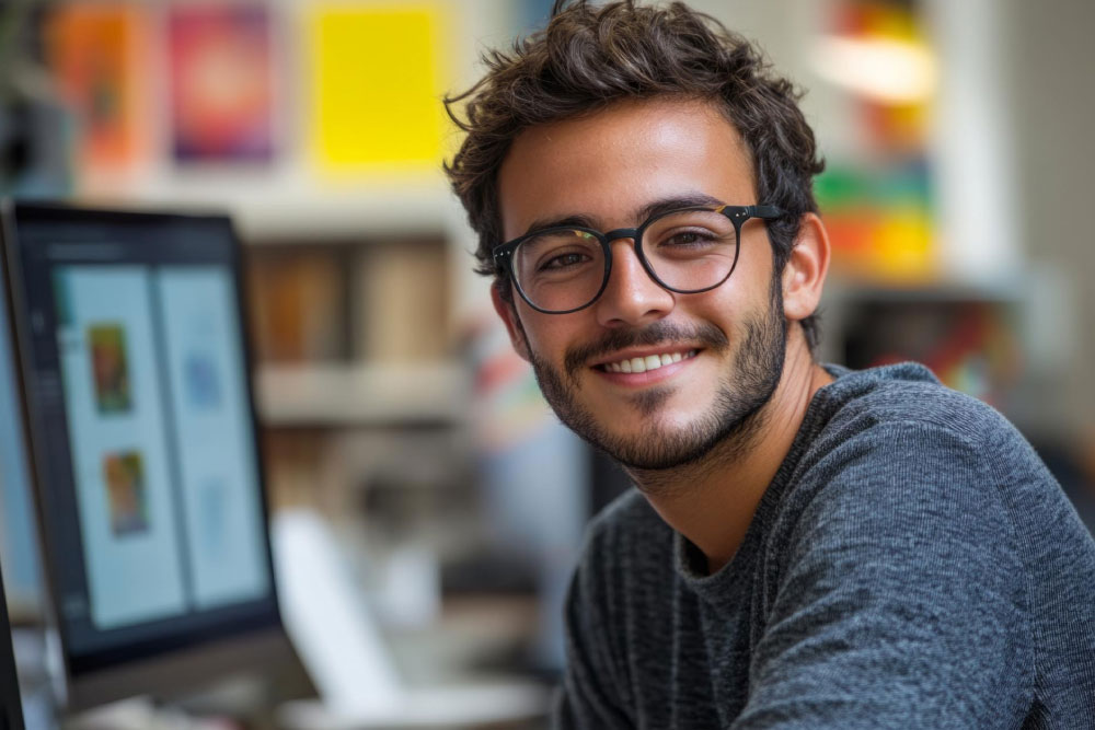 Joven con gafas y una ligera barga en una sala donde hay computadores.
