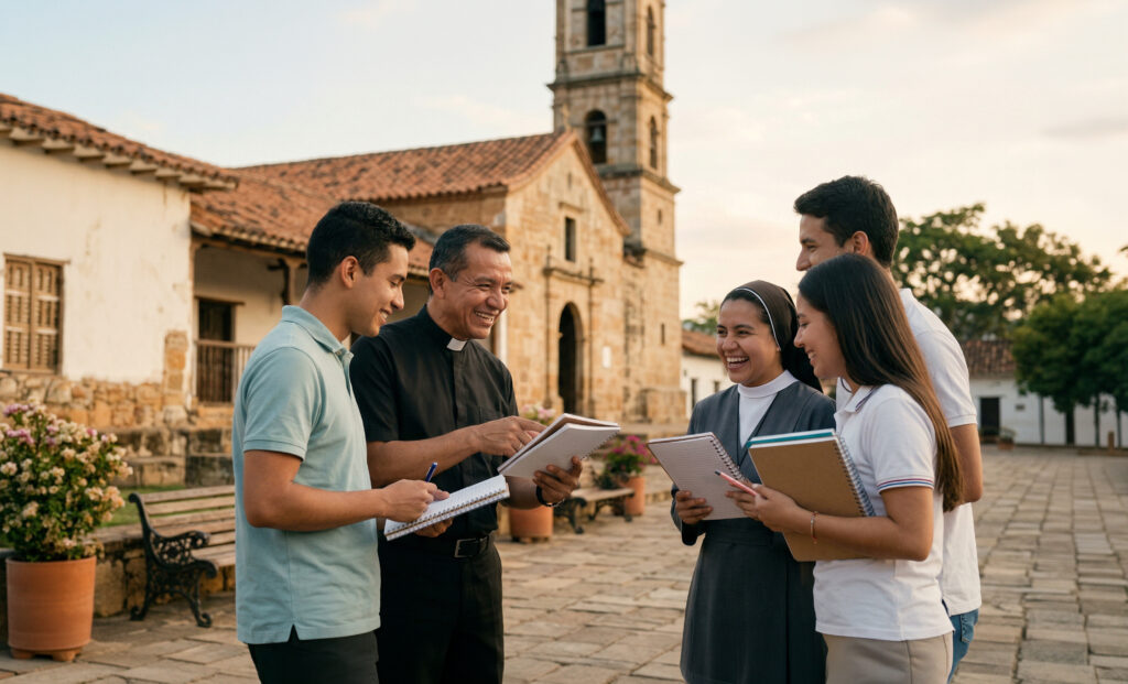 Jóvenes dialogando con un sacerdote y una religiosa frente a una iglesia colonial durante una actividad de la Semana Vocacional.