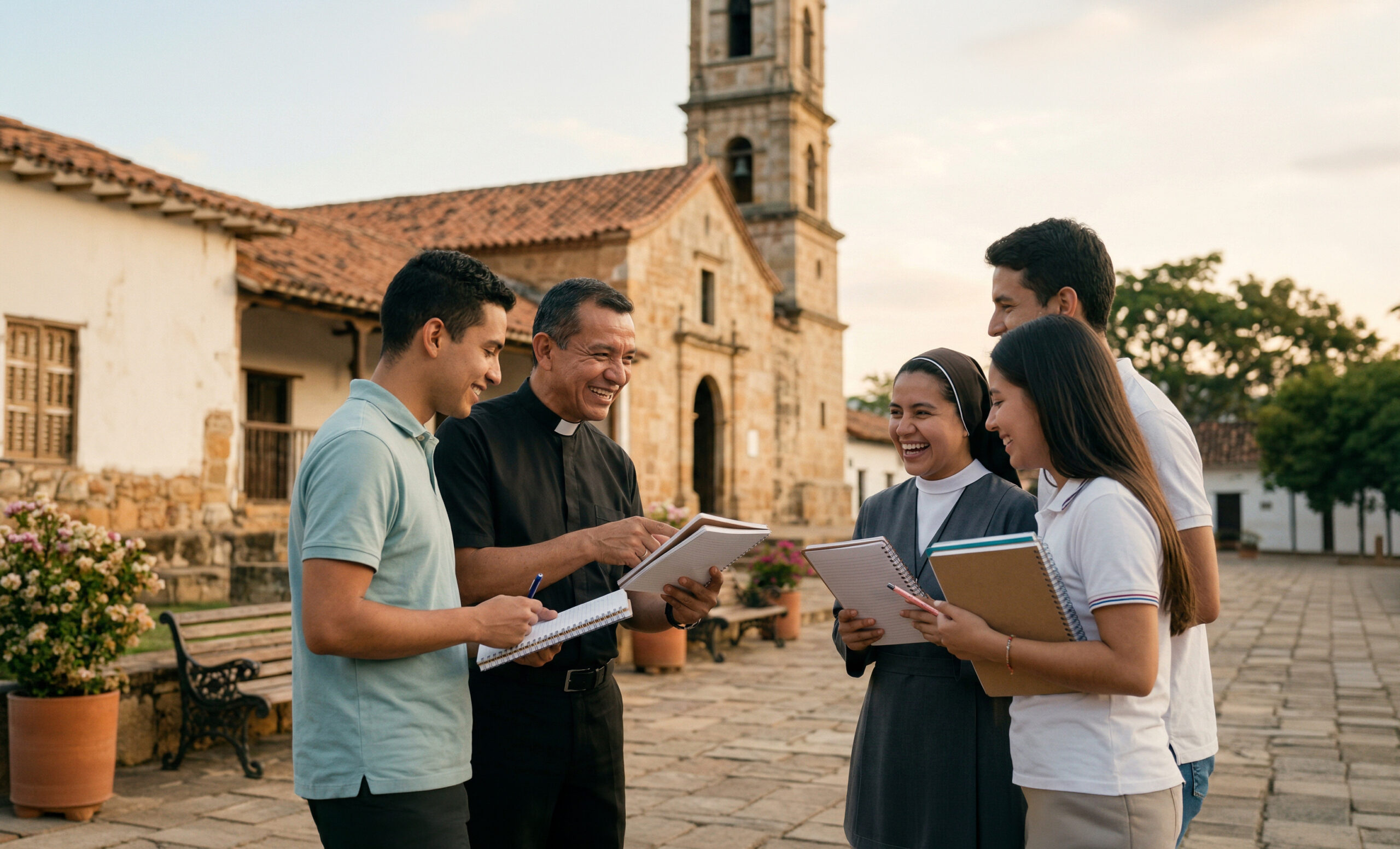 Jóvenes dialogando con un sacerdote y una religiosa frente a una iglesia colonial durante una actividad de la Semana Vocacional.