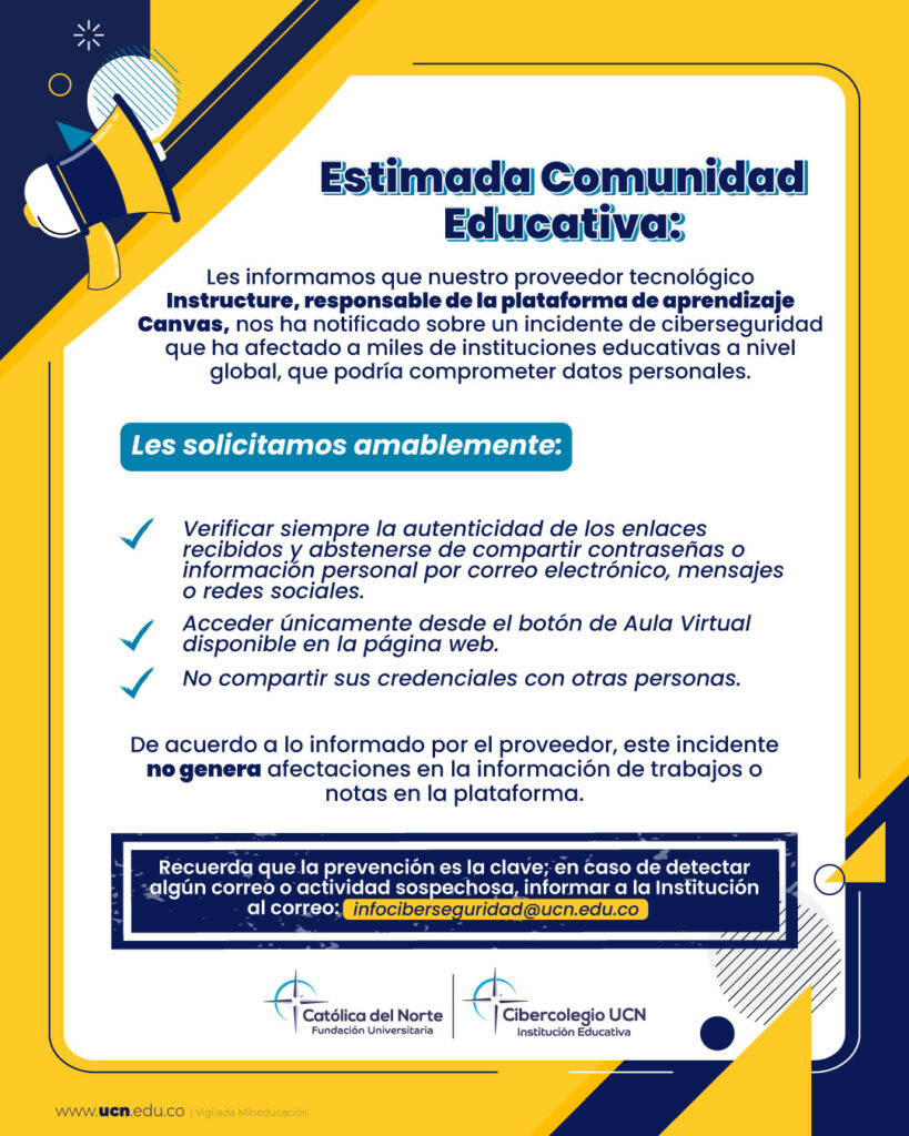 Mensaje sobre dificultades en el acceso a la plataforma CANVAS.
