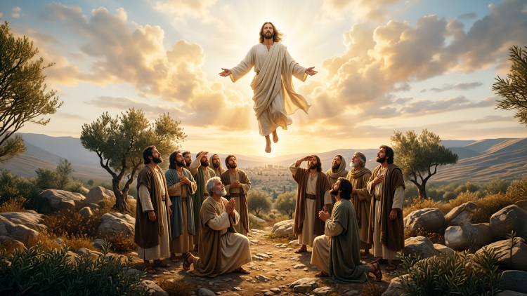 Jesús ascendiendo al cielo rodeado de sus discípulos en un paisaje natural, escena realista de la Ascensión del Señor.