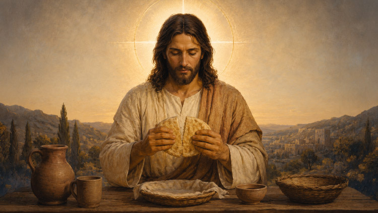 Jesús, con un halo luminoso detrás de la cabeza, parte un pan redondo con ambas manos en un paisaje sereno al atardecer.