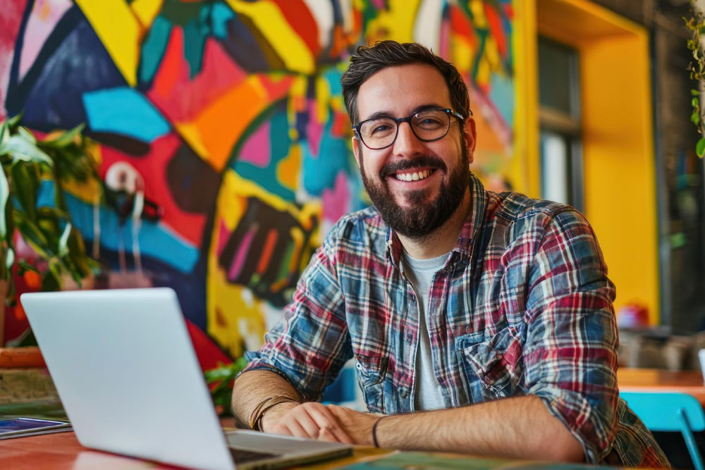 Hombre con barba y gafas frente a un computador portátil en un ambiente muy colorido.