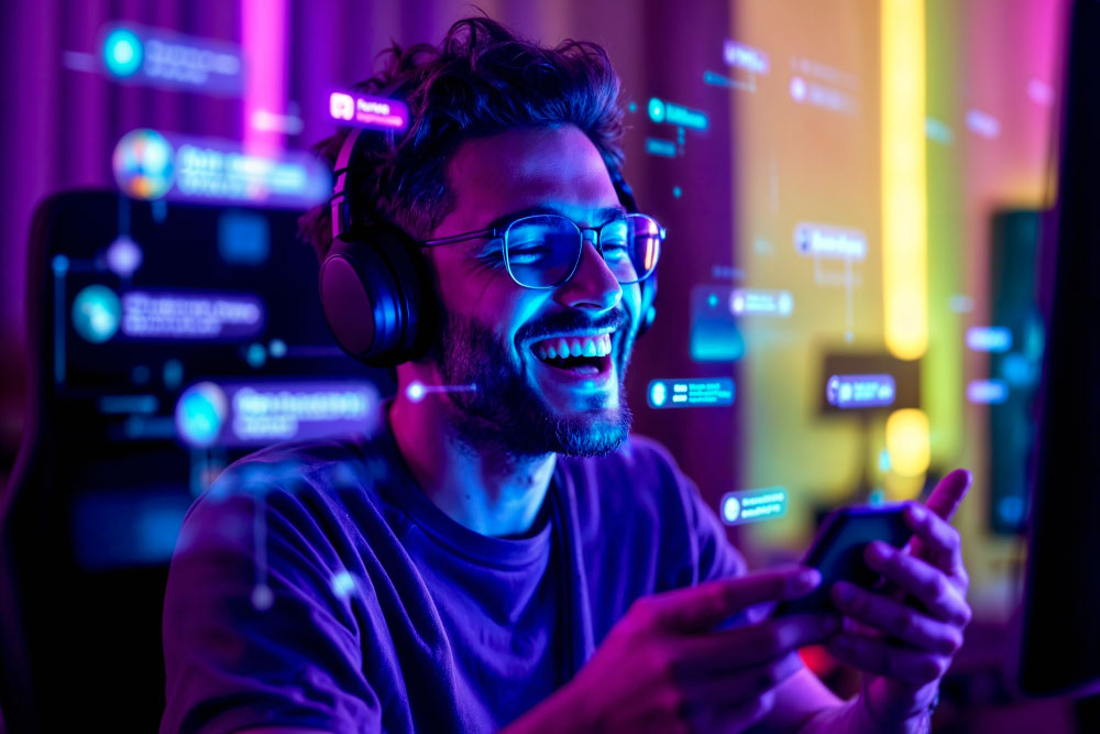 Joven con diademas y ganas en un entorno donde se superponen imágenes digitales.