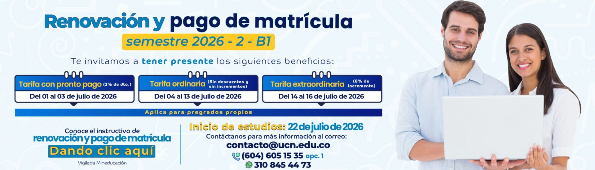 Banner-Matrículas-Portal Matrículas abiertas para pregrados y posgrados. Estudiante universitario participando en formación virtual con inscripción disponible hasta el 13 de julio.