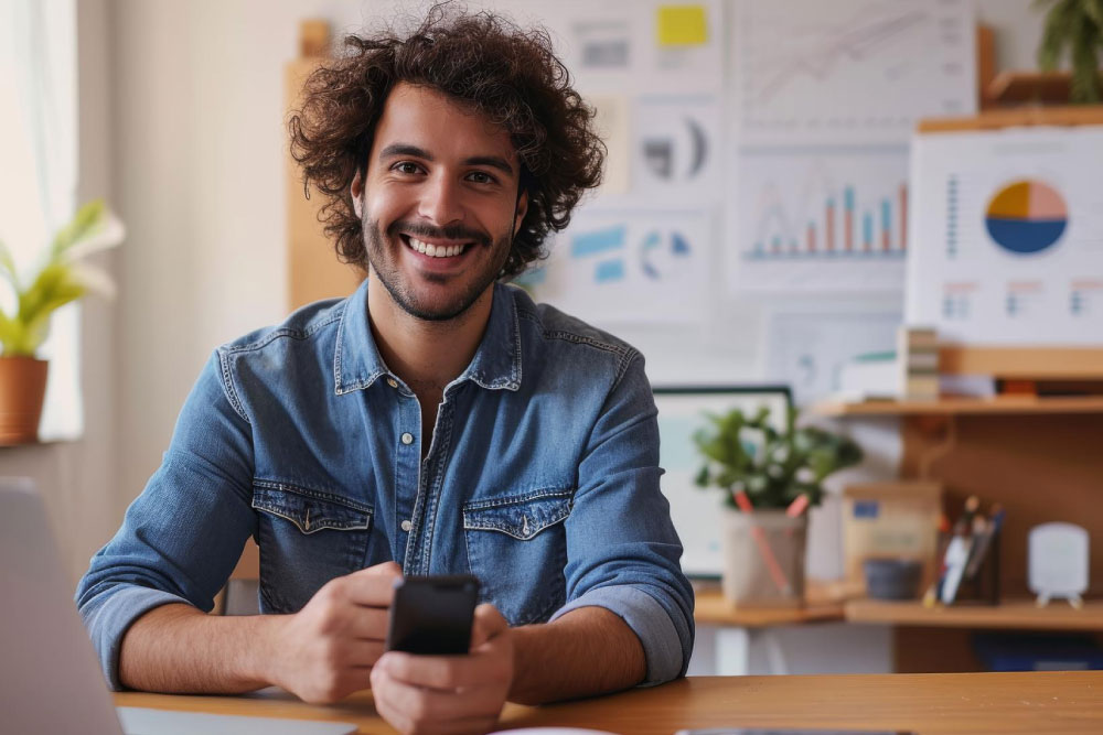 Hombre sentado al frente de unas imágenes estadísticas sonríe mientras sostiene un celular.