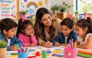Docente interactuando niños pequeños en el aula, los estudiantes participan en una actividad educativa con materiales didácticos y rompecabezas sobre una mesa.