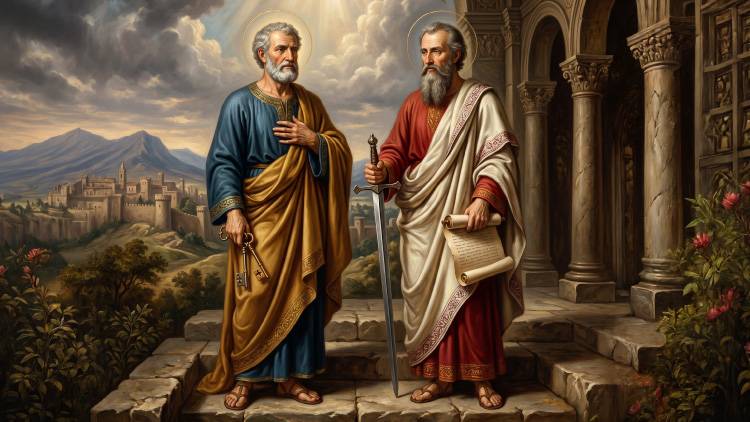 UCN 94 Fundación Universitaria Católica del Norte San Pedro sosteniendo las llaves del cielo y San Pablo con una espada, de pie juntos bajo una luz divina con fondo de cielo nublado en una ilustración religiosa de estilo renacentista.