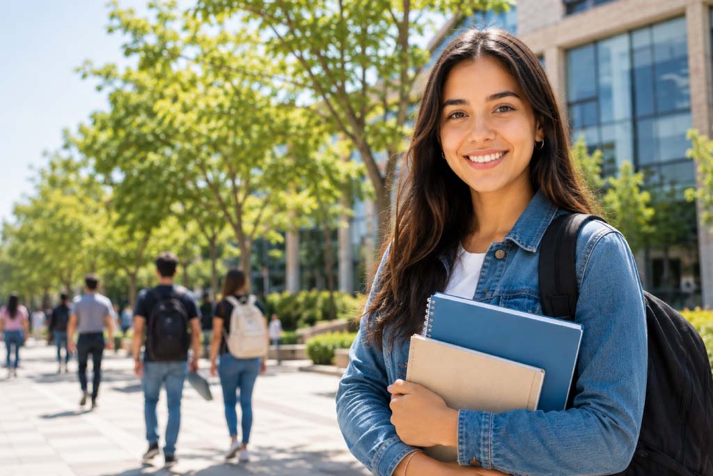Estudiante universitaria en un campus educativo
